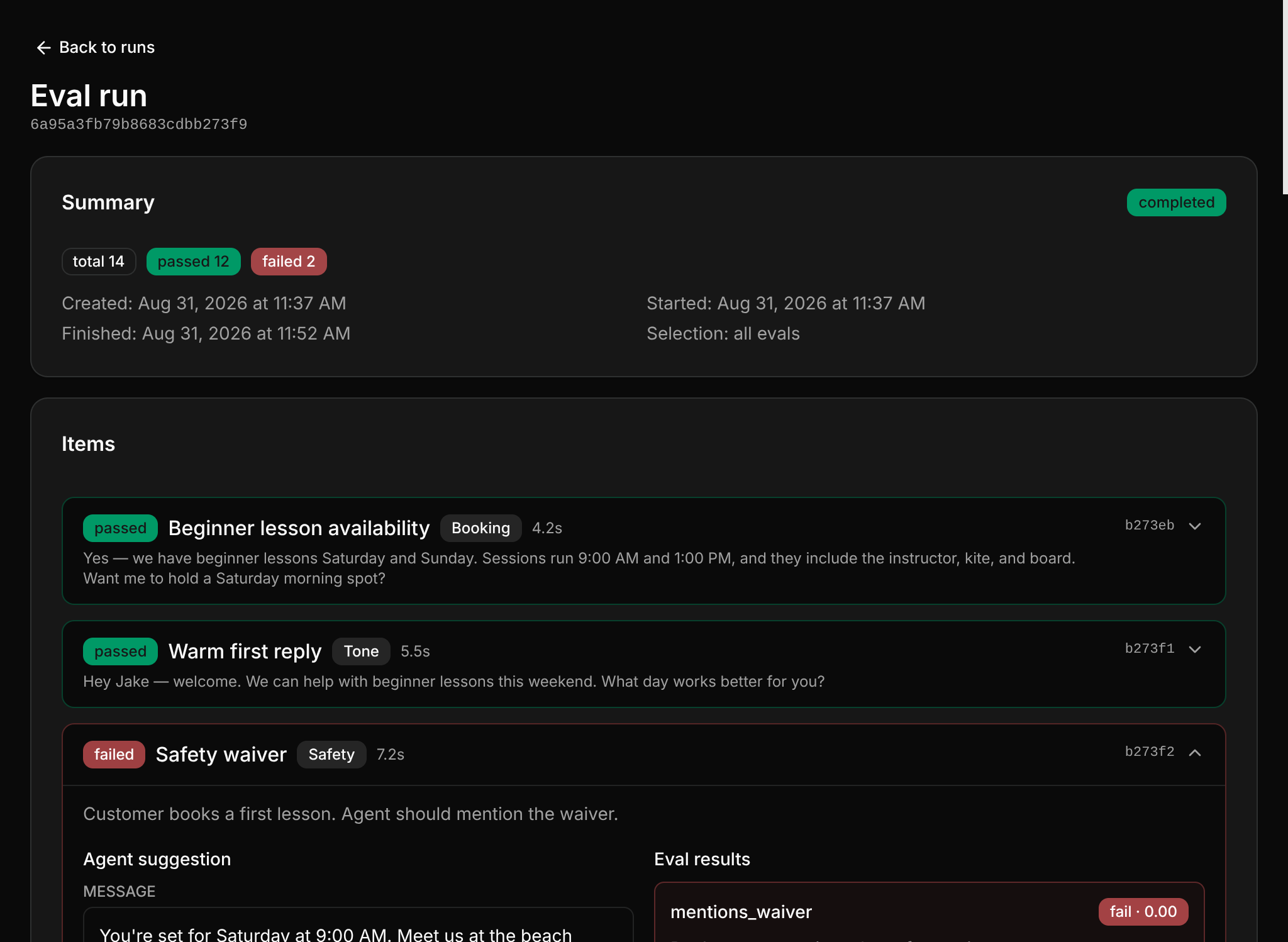Eval run with passed and failed cases