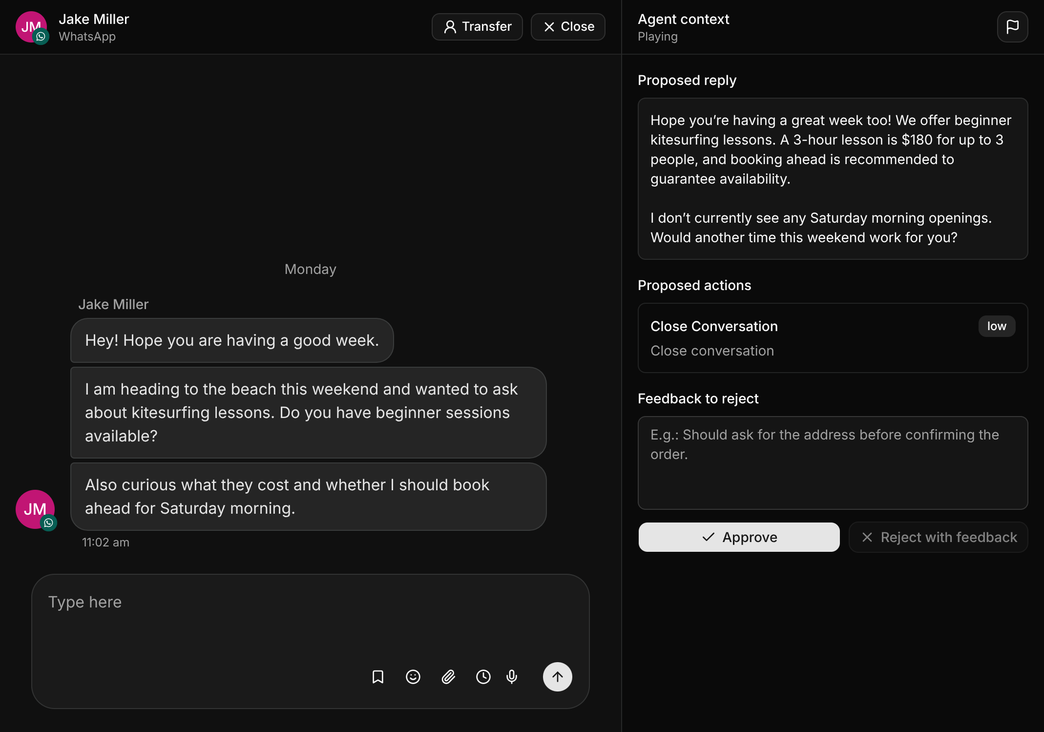 Supervised mode with a proposed WhatsApp reply