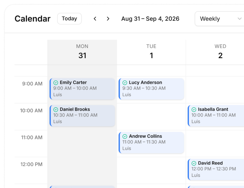 Weekly calendar of booked appointments